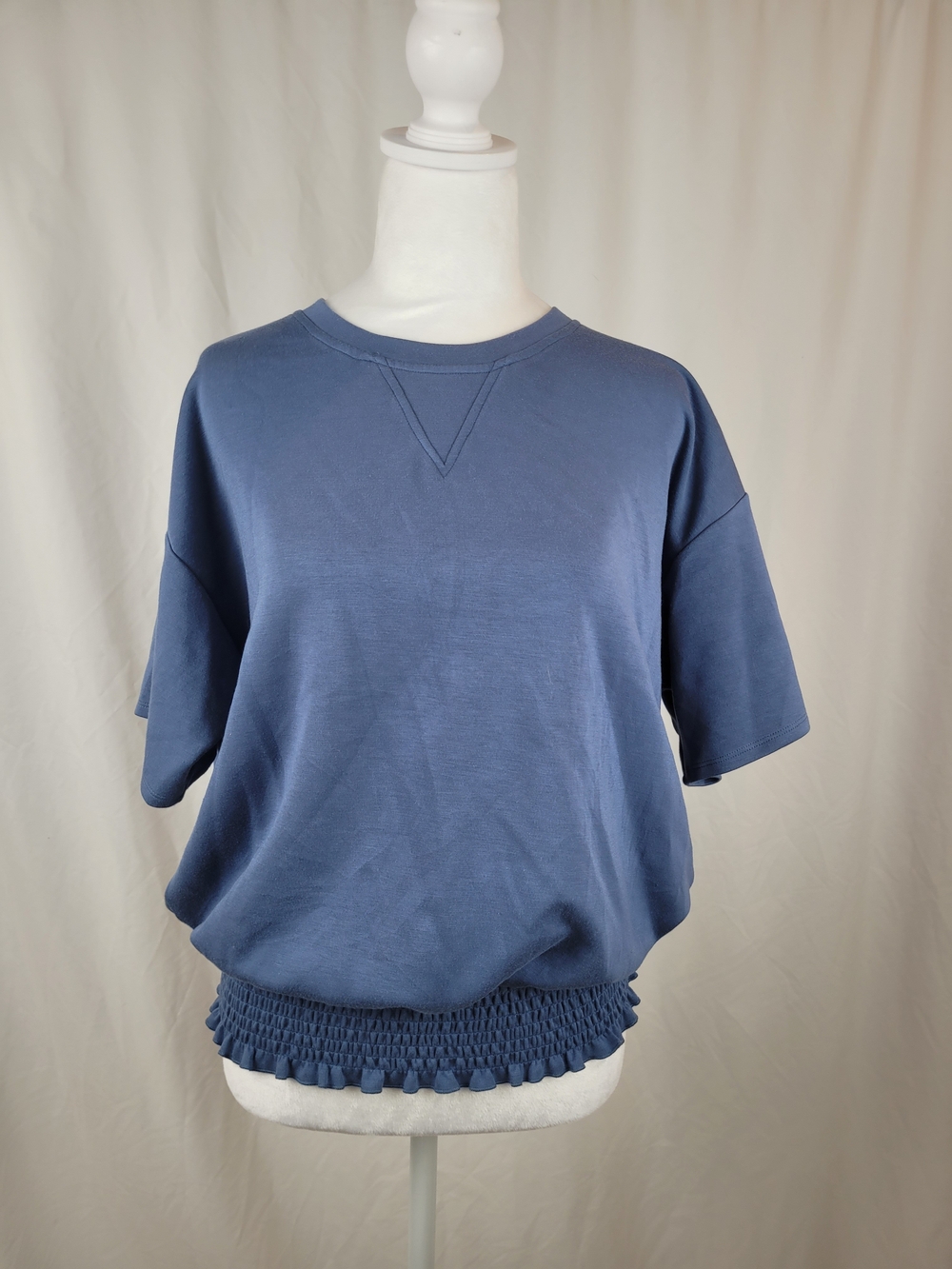 Blue Smocked Hem Short Sleeve Sweatshirt Medium M Like New